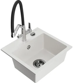 Mexen Milo chiuvetă de granit cu 1 compartiment și baterie de bucătărie Duo, Albă - 6505-20-671701-07-B