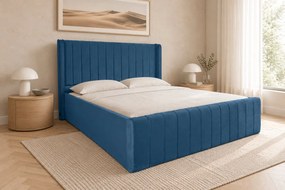 Pat tapițat din catifea Aurelia Simple 120×200 cm, albastru, cu ladă de depozitare