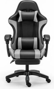 Scaun gaming, Masaj în perna lombară, Rabatabil 90-145°, Suport picioare, piele PU, Negru/Gri