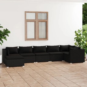 Set mobilier de gradina cu perne, 7 piese, negru, poliratan Negru, 3x mijloc + 3x colt + suport pentru picioare, 1