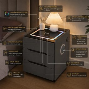 ALVÉA — Noptieră inteligentă cu încărcare Wireless, Bluetooth Stereo, iluminare RGB, USB + Type-C, Gri