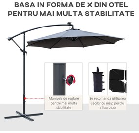 Umbrela Neagra cu manivela si 8 benzi LED Outsunny, Alimentatie Solara | Aosom RO