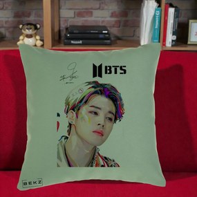 Perna Personalizata K-pop BTS Jimin Portret Artistic Multicolor cu Autograf, 40x40 cm, Verde, Husa Detasabila, Perna Inclusa, BEKZ®