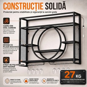 HOMCOM Suport de perete pentru sticle cu LED, suport pentru pahare și rafturi, negru | Aosom Romania