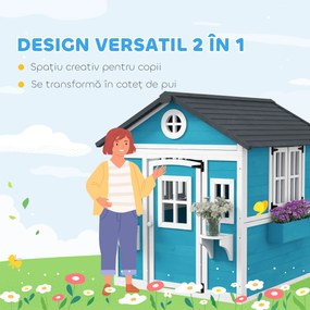 Outsunny Căsuță de Joacă din Lemn cu Uși, Ferestre, Ghivece și Jardiniere pentru Copii 3-8 Ani, Maro Închis | Aosom Romania