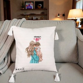 Cadou pentru Mama - Perna Personalizata Mommy's Girl Mama si Fetita, 40x40 cm, Bej cu Franjuri, Husa Detasabila, Perna Inclusa, BEKZ®