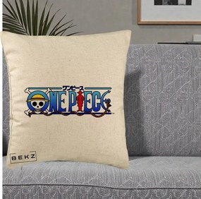 Perna Personalizata One Piece Clasic Albastru, 40x40 cm, Bej, Husa Detasabila, Perna Inclusa, BEKZ®