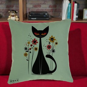 Perna Decorativa Pisica Neagra Ochi Rosii Flori, 40x40 cm, Verde, Husa Detasabila, Perna Inclusa, BEKZ®