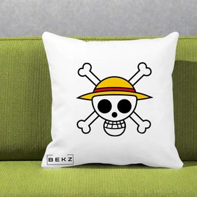 Perna Personalizata One Piece Jolly Roger Straw Hat Pirates, 40x40 cm, Alba Mata, Husa Detasabila, Perna Inclusa, BEKZ®