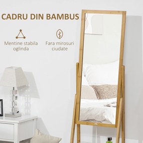 HOMCOM Oglindă de Podea Multifuncțională cu Sertar, Design Modern Dormitor și Coridor, MDF și Bambus, 45x30x160cm, Alb și Lemn | Aosom Romania