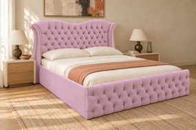 Pat tapițat Chesterfield Avella 160×200 cm, roz, cu ladă de depozitare