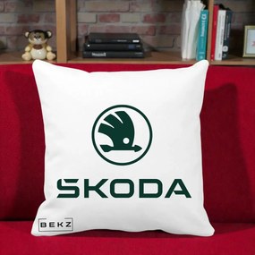 Perna Personalizata cu emblema Skoda, 40x40 cm, Alba Mata, Husa Detasabila, Perna Inclusa, BEKZ®