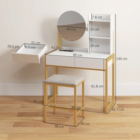 HOMCOM Masă de machiaj cu oglindă și taburet, stație de încărcare, masă de machiaj cu 2 sertare, 3 rafturi deschise, alb | Aosom Romania