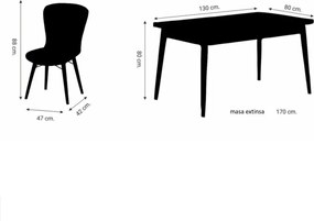 Set masa alba extensibila cu 6 scaune tapitate maro Homs Cristal 170 x 80 cm, picioare lemn