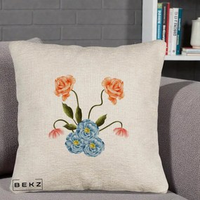 Perna Decorativa Trandafiri si Bujori Acuarela, 40x40 cm, Bej Canapea, Husa Detasabila, Perna Inclusa, BEKZ®