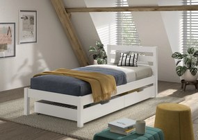 Pat single pentru copii 90 x 200 cm alb din colecția PINO, cu somieră cu lamele rulabile și set de 2 sertare pentru depozitare – Vipack