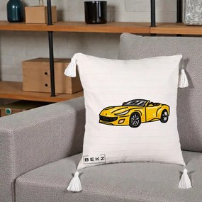 Perna Personalizata Masina Cabriolet Galbena Grafic, 40x40 cm, Bej cu Franjuri, Husa Detasabila, Perna Inclusa, BEKZ®