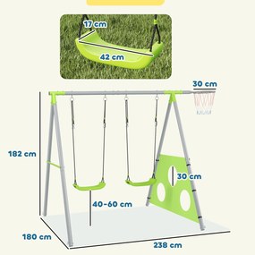 AIYAPLAY Leagăn de Grădină 3 în 1 pentru Copii 3-8 Ani cu Coș de Baschet și Poartă de Fotbal, 238x180x182 cm, Verde | Aosom Romania