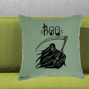 Perna Decorativa Halloween Boo Grim Reaper cu Coasa, 40x40 cm, Verde, Husa Detasabila, Perna Inclusa, BEKZ®