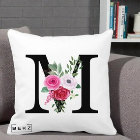 Cadou Personalizat - Perna Personalizata Monograma Florala Litera M cu Trandafiri si Anemona, 40x40 cm, Alba Mata, Husa Detasabila, Perna Inclusa, BEKZ®
