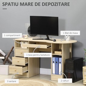 Birou de PC cu Rafturi HOMCOM, pentru Dormitor cu Sertare si Etajera din Lemn, Culoare Lemn | Aosom RO