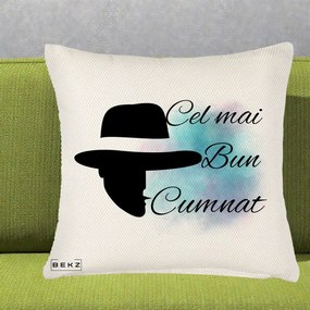 Cadou pentru Cumnat - Perna Personalizata Cel mai Bun Cumnat cu Silueta Palarie si Pete Teal-Roz, 40x40 cm, Crem Reliefat, Husa Detasabila, Perna Inclusa, BEKZ®