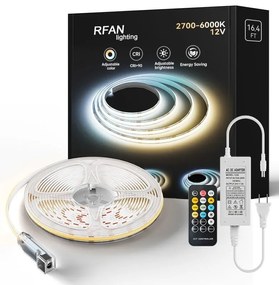 KIT Banda LED COB CCT, cu Telecomanda – 3 Tipuri de Lumina, 5m, 15W/m, 24V, Transformator 72W