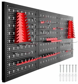 Panou metalic de perete pentru unelte cu carlige si rafturi