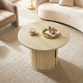 HOMCOM Masă de cafea rotundă, masă pentru living cu depozitare, ușă glisantă cu lamele, 2 rafturi, efect lemn natural | Aosom Romania