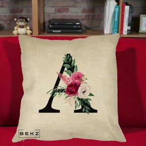 Cadou Personalizat - Perna Personalizata Monograma Florala Litera A, 40x40 cm, Crem, Husa Detasabila, Perna Inclusa, BEKZ®