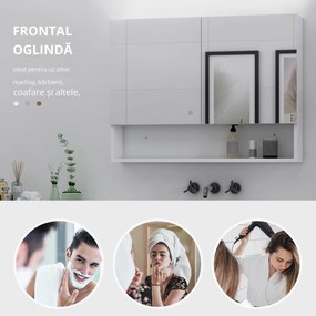 HOMCOM Dulap cu Oglindă de Perete cu Lumini LED și Rafturi Reglabile din Sticlă și MDF pentru Baie | Aosom Romania