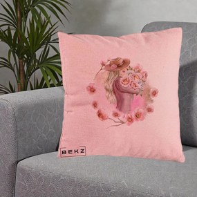 Perna Decorativa Femeie cu Flori Roz Acuarela, 40x40 cm, Roz, Husa Detasabila, Perna Inclusa, BEKZ®