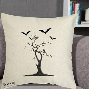 Perna Decorativa Halloween Copac cu Lilieci Alb-Negru, 40x40 cm, Ecru, Husa Detasabila, Perna Inclusa, BEKZ®