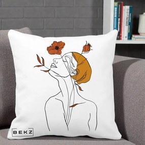 Perna Decorativa Portret Feminin Mac Privire Inalta, 40x40 cm, Alba Mata, Husa Detasabila, Perna Inclusa, BEKZ®