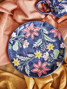 Set 4 farfurii din ceramică albastră cu motive florale dense pictate manual, 20,5×2,5 cm, „Meredith"