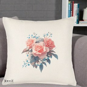 Perna Decorativa Trandafiri Roz cu Floricele Albastre, 40x40 cm, Crem Reliefat, Husa Detasabila, Perna Inclusa, BEKZ®