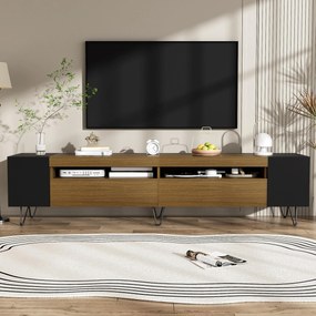 Dulap TV cu aspect de lemn, 2 compartimente deschise, rafturi laterale, 180x36x43 cm, Negru + Culoare naturală