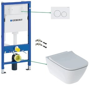 Set vas wc suspendat rimless cu capac soft close Geberit Smyle Square, rezervor incastrat si clapeta alba