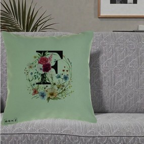 Cadou Personalizat - Perna Personalizata Monogram Litera F cu Flori Acuarela, 40x40 cm, Verde, Husa Detasabila, Perna Inclusa, BEKZ®