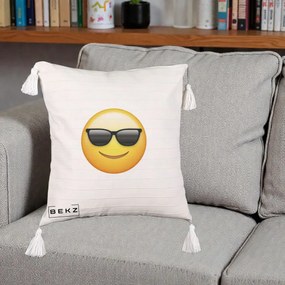 Perna Decorativa Emoji Cool Ochelari, 40x40 cm, Bej cu Franjuri, Husa Detasabila, Perna Inclusa, BEKZ®