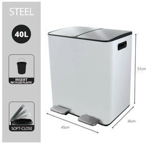 Coș de gunoi alb mat pentru reciclare/cu pedală 2x20 l din oțel Aliya – Spirella