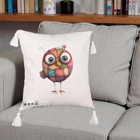 Perna Decorativa Pasare Patchwork Roz cu Floare, 40x40 cm, Bej cu Franjuri, Husa Detasabila, Perna Inclusa, BEKZ®