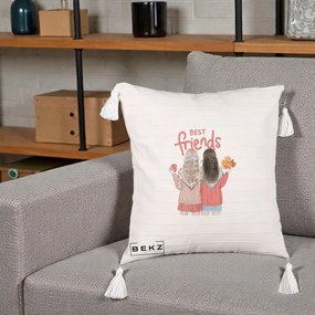 Cadou pentru Prieteni - Perna Personalizata Best Friends Toamna, 40x40 cm, Bej cu Franjuri, Husa Detasabila, Perna Inclusa, BEKZ®