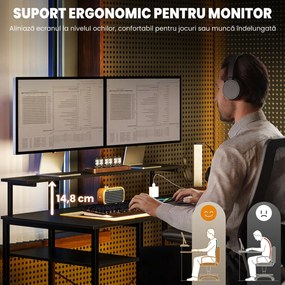 HOMCOM Birou de colț pentru computer cu prize electrice și suport dublu pentru monitor, 137x140 cm, negru | Aosom Romania