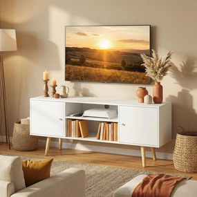 HOMCOM Cabinet TV 55" cu 2 Dulapuri, Uși și 2 Rafturi Deschise, Consolă TV din Lemn și PAL, 120x34x50 cm, Alb | Aosom Romania