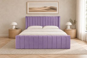 Pat tapițat din catifea Aurelia Simple 140×200 cm, lila, cu ladă de depozitare