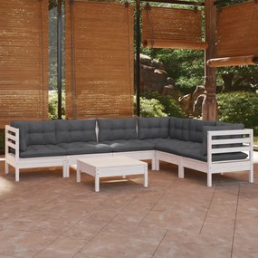3096690 vidaXL Set mobilier de grădină cu perne, 7 piese, alb, lemn masiv pin