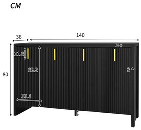 Bufet Modern Minimalist pentru Bucătărie și Living cu Mânere Aurii și Rafturi Reglabile, 140x38x80 cm, Negru