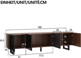 Dulap TV modern cu 4 uși, spațiu mare de depozitare, design vintage, 180x38x50 cm, Negru+Culoare naturală