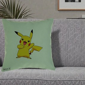 Perna Personalizata Pikachu Fericit, 40x40 cm, Verde, Husa Detasabila, Perna Inclusa, BEKZ®